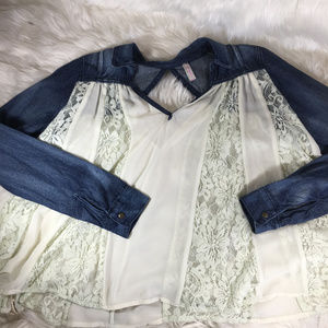 Free People Denim Pale Blue Lace Flannel Style Top
